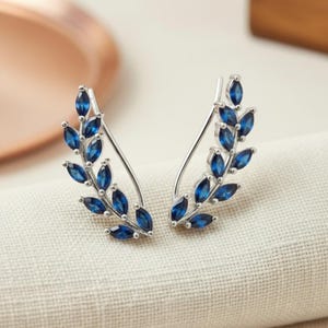 Blue Sapphire Earring Climber / September Birthstone Gift / Marquise Ear Crawlers Earrings / Ear Climber Earrings / Bridesmaid Gift White