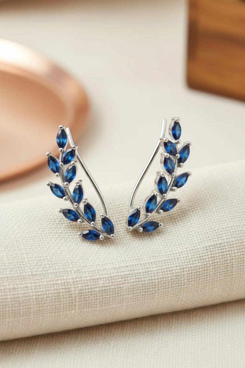 Blue Sapphire Earring Climber / September Birthstone Gift / Marquise Ear Crawlers Earrings / Ear Climber Earrings / Bridesmaid Gift White