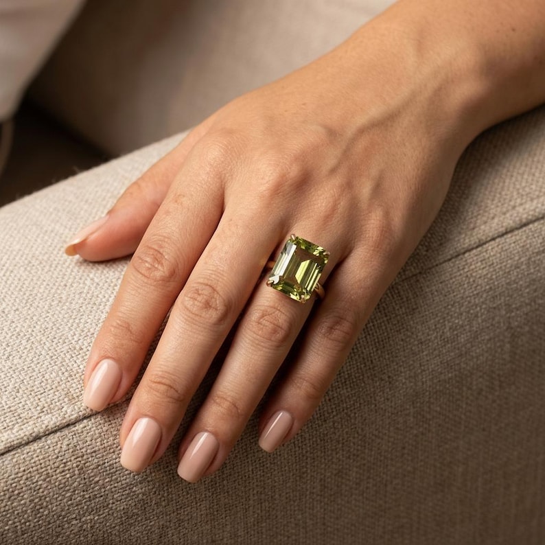 Large Peridot Ring, Emerald Cut 12 x 16 Peridot Ring, 14K Gold Statement Ring, August Birthstone, Gift For Mother image 6