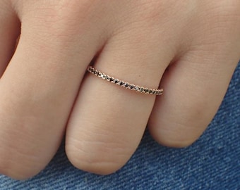 Black Diamond Micro Pave Wedding Band, Solid Gold Full Eternity Band, Thin Dainty Band, Platinum Diamond Stackable Band