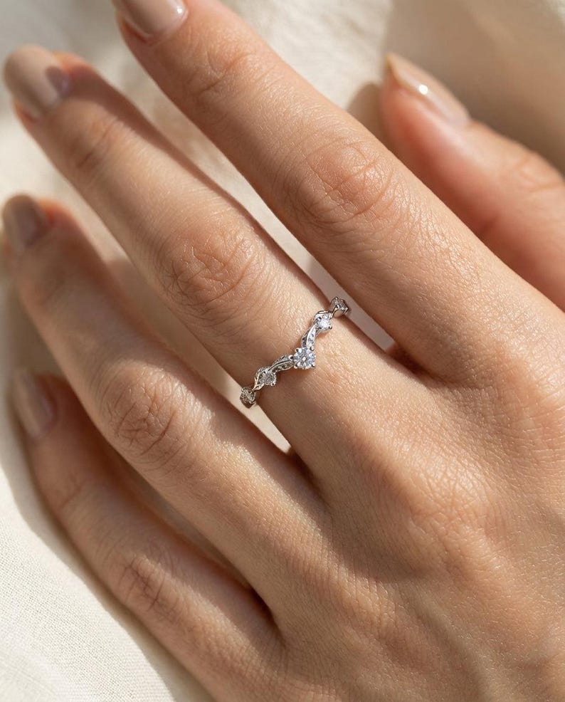 Vintage Moissanite Wedding Ring, Unique Curved Band, Vintage Anniversary Ring Gift for Women image 6