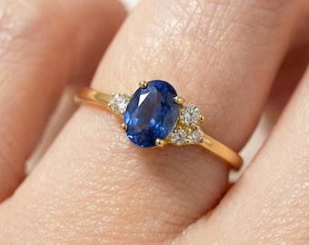Oval Cut Cluster Blue Sapphire Engagement Ring, September Birthstone Ring, Cluster Wedding Ring, Bridal Promise Ring