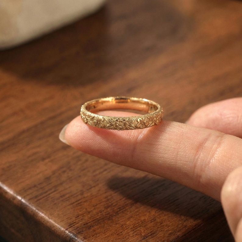 Anello nuziale floreale con primula viola, anello antico in oro semplice 10K/14K/18K con fiore unico, anello con fiore di nascita di febbraio immagine 11