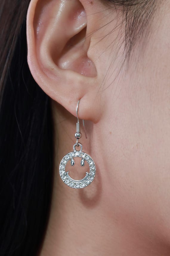 Dangle Drop Happy Face Diamond Earrings, Smiley Face Earrings Gift