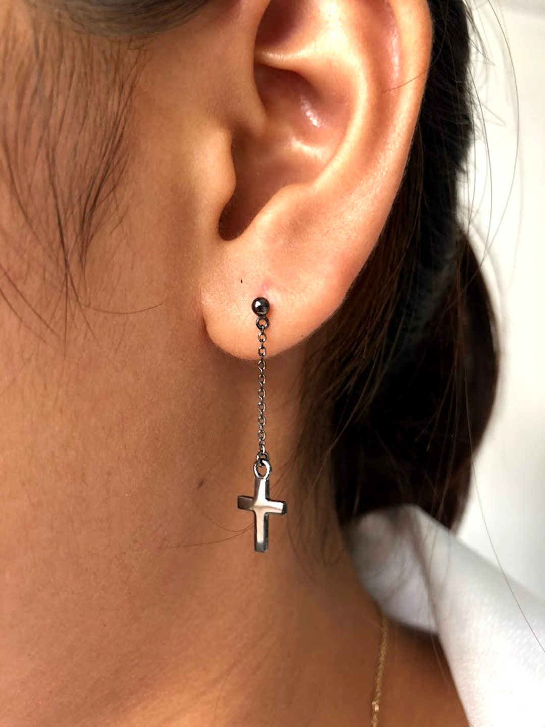 Black Coating Dangle Drop Cross Earrings Cross Chain Earrings in Sterling Silver Cross Symbol Long Chain Earrings Gift for Her Etsy