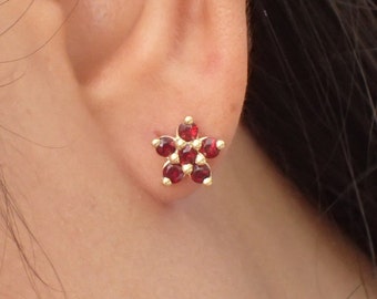 Garnet Stud Earrings, Red Flower Earrings, 14k Studs Earring, Garnet Dangle, Tiny Flower Earrings, flower cluster