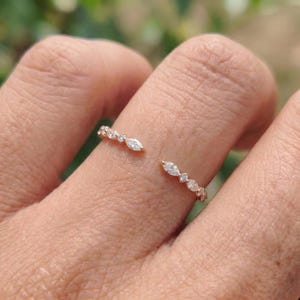 Moissanite Open Gap Wedding Band, Marquise and Round Half Eternity Stackable Matching Ring, Minimalist 14K Gold Band for Women