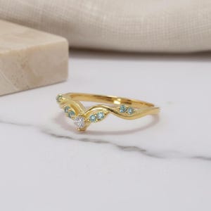 Aquamarine Wedding Band Curved V Shape Ring Light Blue Gemstone Stacking Ring Sterling Silver Vine Twist Chevron March Birthstone Jewelry image 9