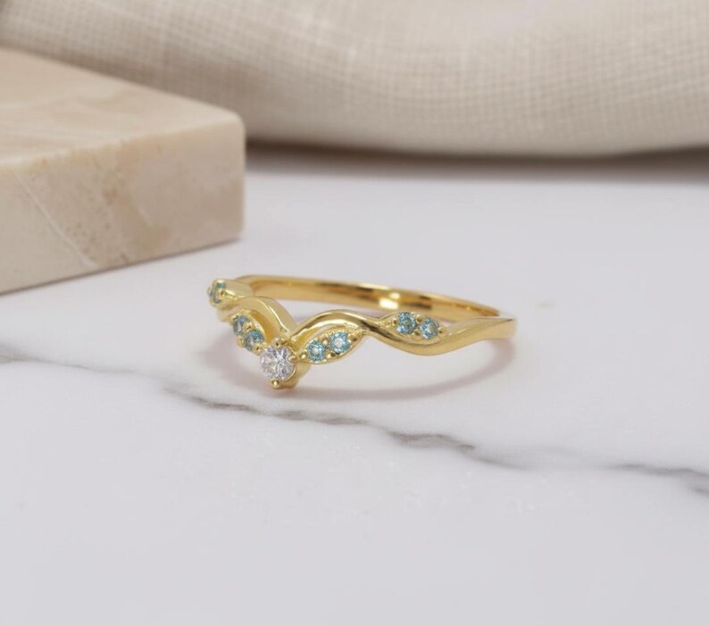 Aquamarine Wedding Band Curved V Shape Ring Light Blue Gemstone Stacking Ring Sterling Silver Vine Twist Chevron March Birthstone Jewelry image 9