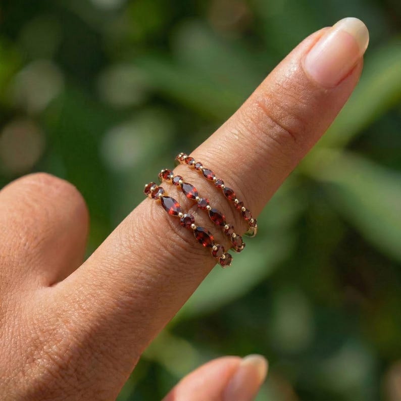 Dainty Garnet Eternity Ring | 14K Gold Stacking Band | January Birthstone Marquise & Round Red Gemstone Delicate Wedding Anniversary Gift image 3