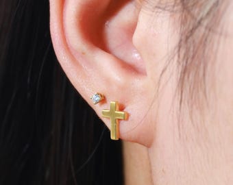 Dainty Cross Stud Earrings, Tiny Minimalist Cross Earrings, Christian Jewelry, Religious Gift for Her, Bridesmaid Earrings