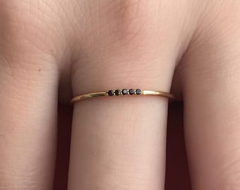 5 Stones Black Diamonds Ring, 1mm 14K Solid Gold Stacking Ring, Thin Dainty Ring, Delicate Five Diamonds Band