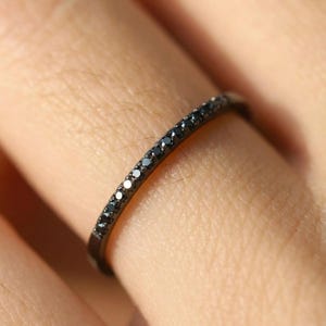 Black Diamonds Ring, 1.3mm Micro Pave Wedding Band, Black Diamond Stackable Band, Solid Gold Thin Dainty Band