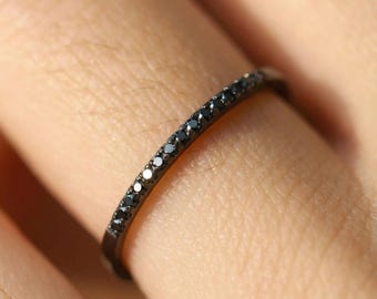 Black Diamonds Ring, 1.3mm Micro Pave Wedding Band, Black Diamond Stackable Band, Solid Gold Thin Dainty Band