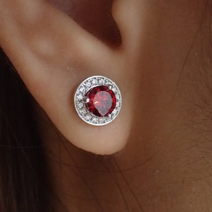 Garnet Halo Stud Earrings / Brilliant Round Diamond Earrings / Everyday Earring / January Birthstone Gift / Classic Earrings