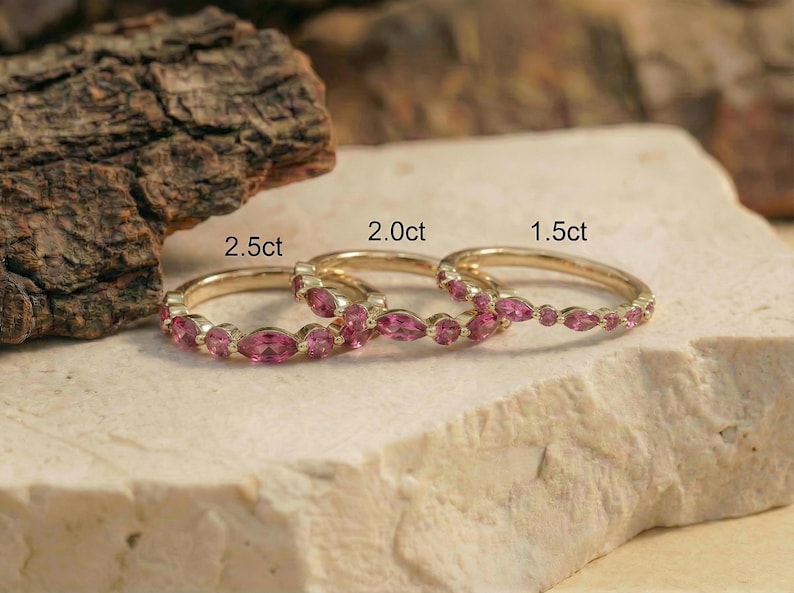 Delicate Pink Tourmaline Eternity Band Ring | 14K Gold Marquise & Round Gemstone Stacking Ring | October Birthstone Gift for Her image 4