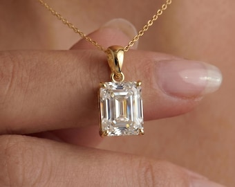 Radiant Emerald Cut Diamond Necklace | 14K Gold Dainty Pendant | Minimalist Diamond Simulant | Anniversary Gift For Her