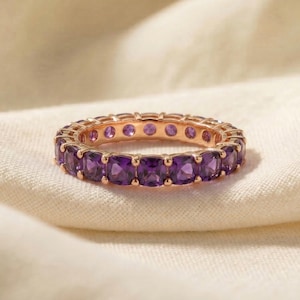 Cushion Cut Amethyst Wedding Band, Full Eternity Stacking Ring for Women, 18K Gold Matching Ring, February Birthstone Gift