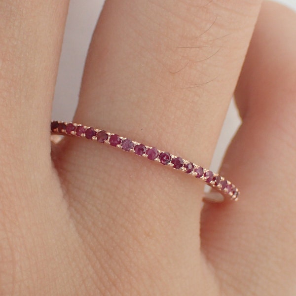 Ruby Wedding Band, Solid Gold Half Eternity Band, July Birthstone Ring, Micro Pave Wedding Ring, Thin Dainty Stackable Band