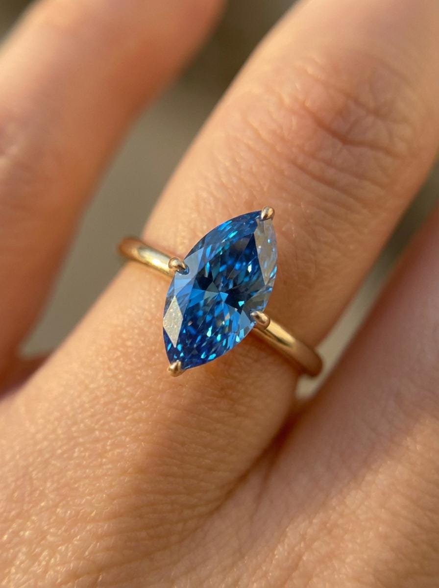 Blue Zircon Ring Marquise Solitaire Engagement Ring Bright Blue Stone ...