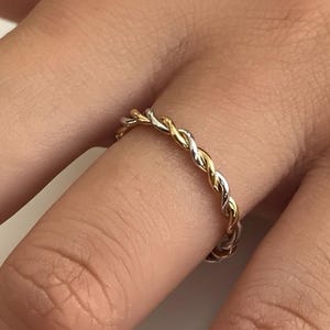 Twist Infinity Ring, 14k Solid Gold Two Tone Ring, Twisted Skinny Wedding Band, Thin Dainty Band, Rope Infinity Band