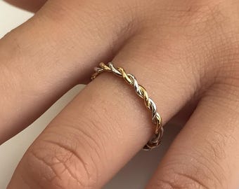 Twist Infinity Ring, 14k Solid Gold Two Tone Ring, Twisted Skinny Wedding Band, Thin Dainty Band, Rope Infinity Band