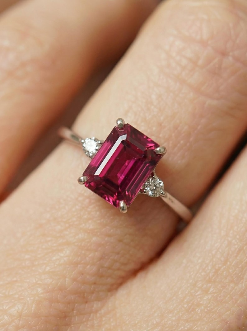 1.75ct Ruby Ring, Emerald Cut Ruby Ring, 14K Gold Statement Ring, Certified Stone Ring, July Birthstone image 1