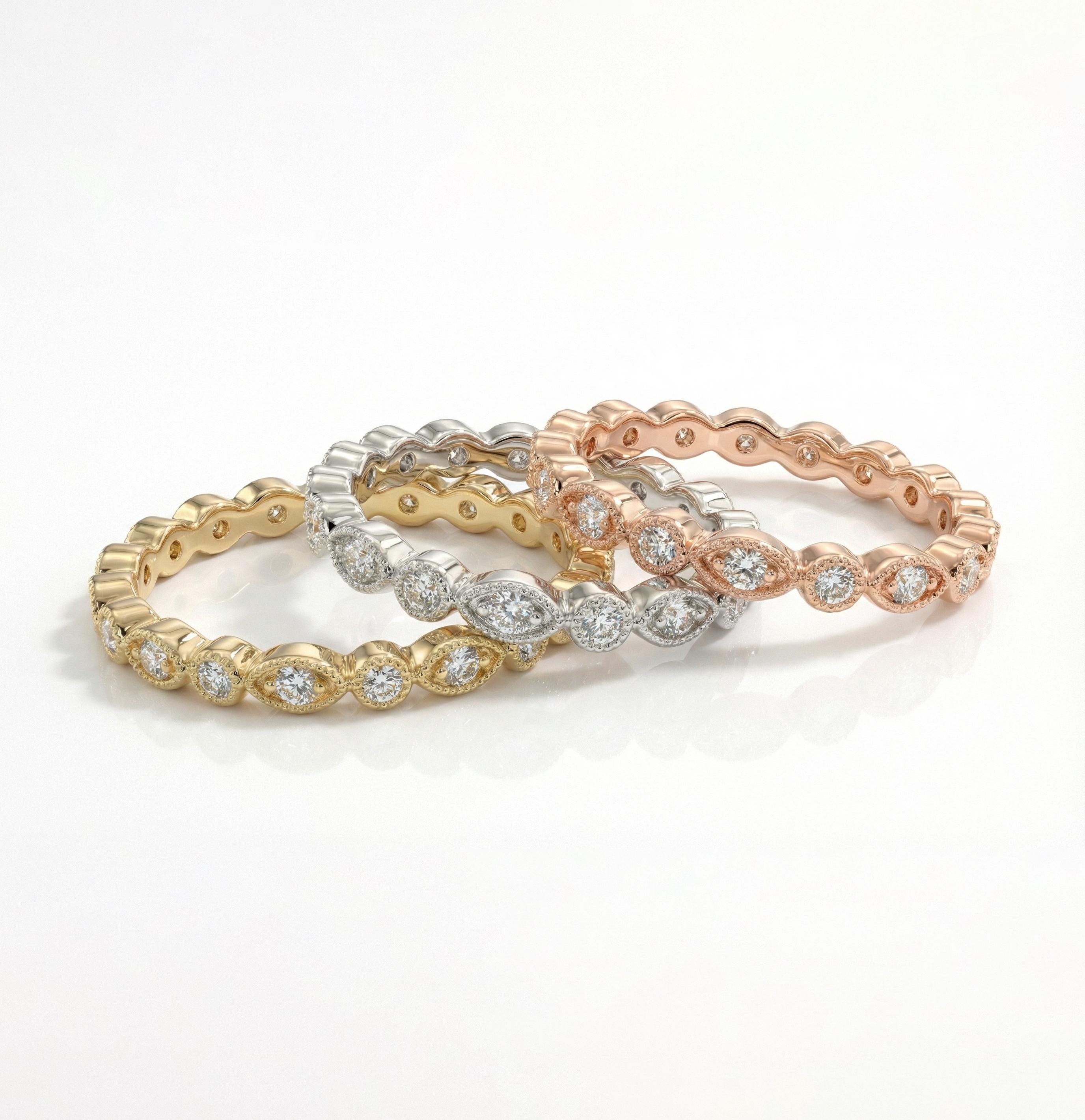 Marquise Cut Diamond Wedding Band, 14k Solid Gold Art Deco Wedding Band ...