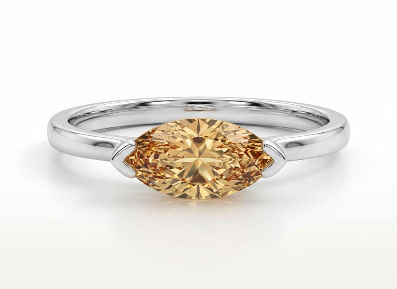 Anel de viagem com citrino lapidado em formato de marquise, estilo leste-oeste | Anel de noivado solitário minimalista | Anel de compromisso delicado com corte em marquise | Anel com pedra de nascimento de novembro imagem 2