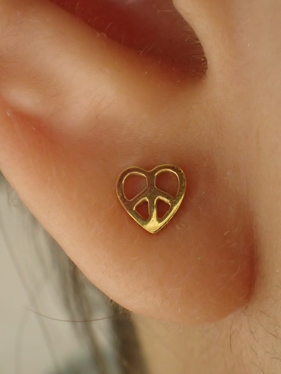 Love Heart Peace Symbol Stud Earrings / Peace Sign Earrings / | Etsy