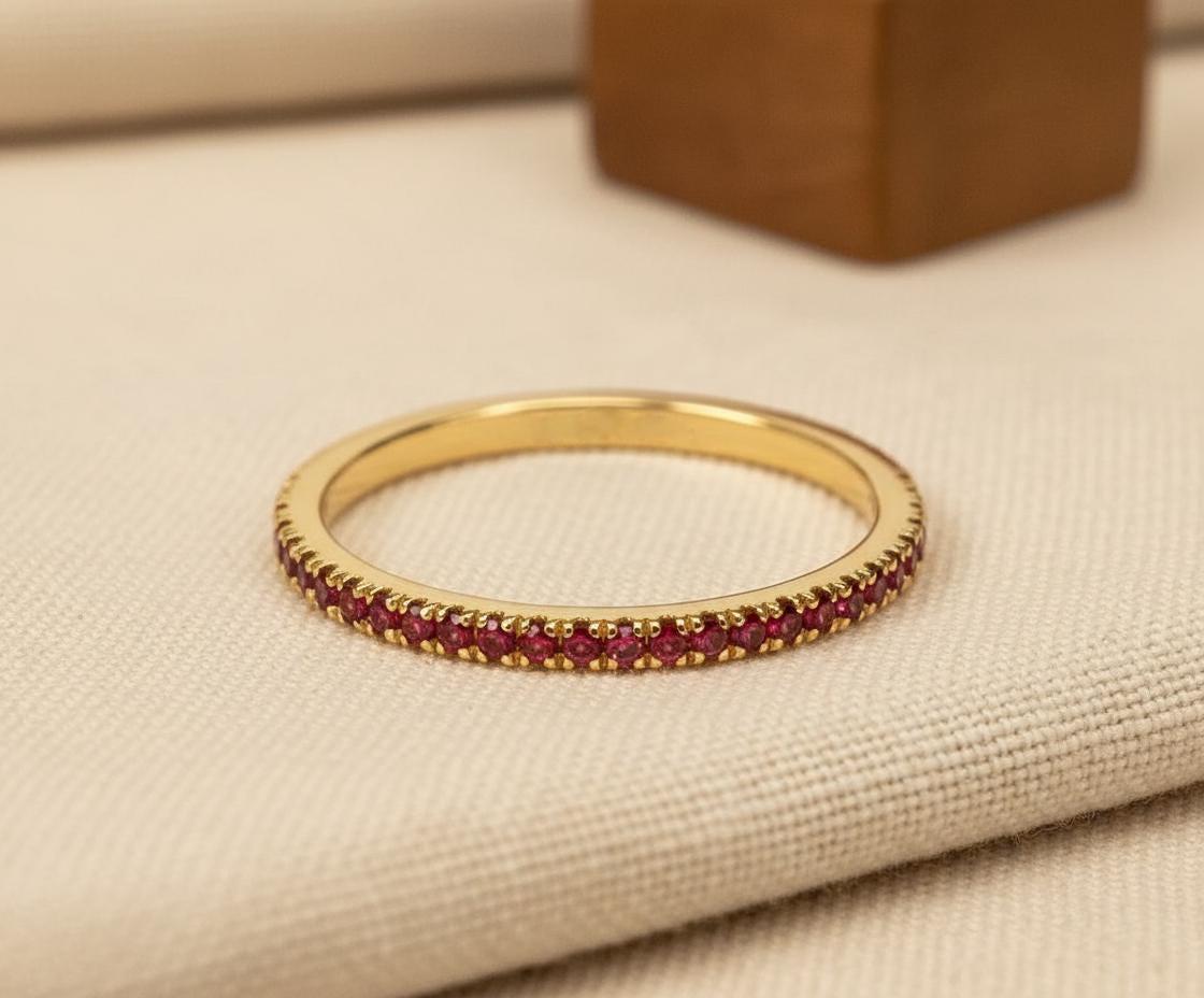 Ruby Wedding Band, Solid Gold Half Eternity Band, July Birthstone Ring ...