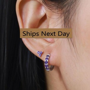 Five Stones Amethyst Hoop Earring, February Birthstone Gifts, Huggie Hoops, Minimal Hoop Earring