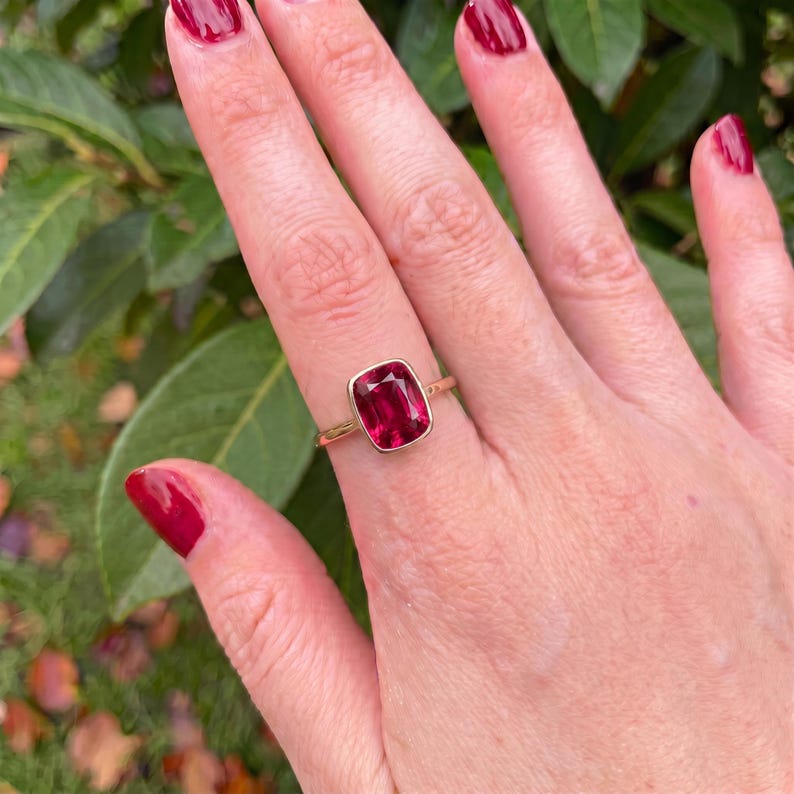 Bezel Set Ruby Ring, Cushion Cut Ruby Statement Ring, July Birthstone Ring, Birthday Gift for Her, Dainty Red Gemstone Ring image 7