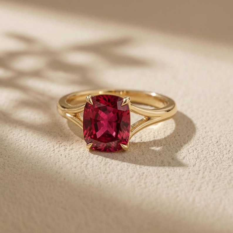 Cushion Cut Ruby Engagement Ring, Modern Split Shank Solitaire, Vintage ...