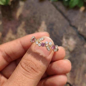 Round Pink Tourmaline Leaf Wedding Band, Nature Inspired Floral Cluster Ring for Her – October Birthstone Gift – 14K Gold Moissanite Jewelry image 13