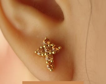 Pendientes de cruz de citrino / Pendientes de citrino / Pendientes de cruz pequeños / Regalo de piedras de nacimiento de noviembre / Regalo de pendientes religiosos para ella