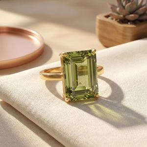 Large Peridot Ring, Emerald Cut 12 x 16 Peridot Ring, 14K Gold Statement Ring, August Birthstone, Gift For Mother image 4