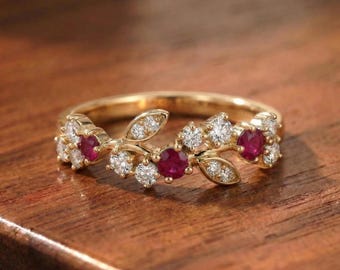 Ruby Leaf Wedding Band, Nature Inspired Floral Cluster Ring for Her – July Birthstone Gift – 14K Gold Moissanite Jewelry