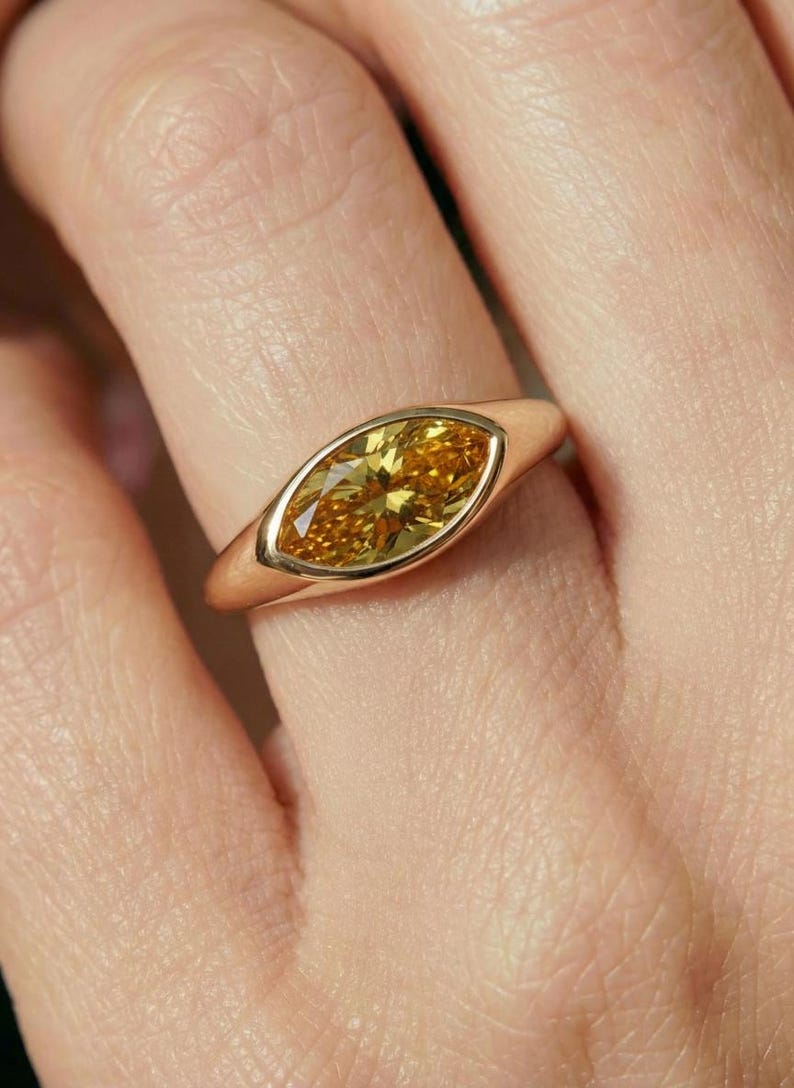 1.5ct Marquise Bezel Citrine Ring, 14K Solid Gold Signet Engagement Ring, Minimalist Pinky Promise Gift, November Birthstone Ring image 5