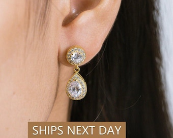 Diamond Halo Teardrop Earrings, Pear Cut Bridal Drop Earrings, Dainty Wedding Jewelry, Bridesmaid Gift for Her