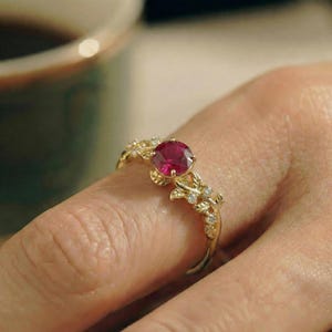 Round Ruby Nature Inspired Engagement Ring, 18K Gold Leaf Branch Ring, July Birthstone Ring, Romantic Bridal Promise Ring image 10