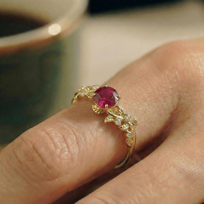 Round Ruby Nature Inspired Engagement Ring, 18K Gold Leaf Branch Ring, July Birthstone Ring, Romantic Bridal Promise Ring image 10