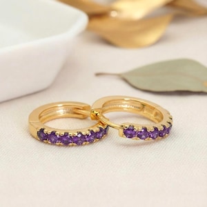 Seven Stones Amethyst Hoop Earrings, February Birthstone Gifts, Huggie Hoop Earrings, Minimal Hoop Earrings Gift for Women