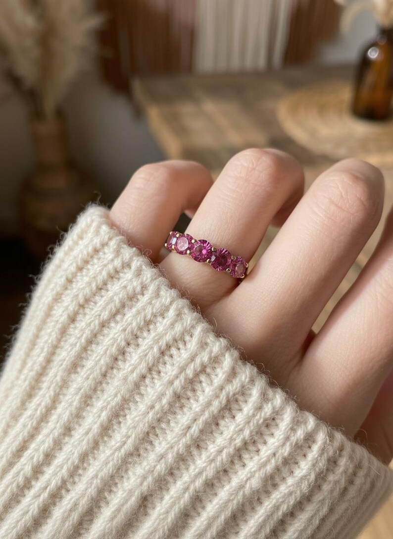 Pink Tourmaline Wedding Band 3.50ctw Round Cut 7 Stone Anniversary Ring Pink Gemstone Eternity Band October Birthstone image 16
