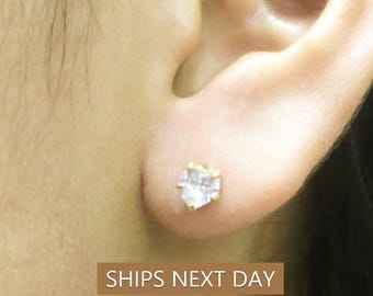 Diamond Heart Stud Earrings, Dainty Heart Earrings, Romantic Anniversary Jewelry, Bridesmaid Gift for Her, Girlfriend Gift