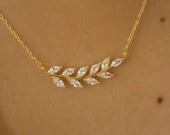 Marquise Unique Leaf Necklace / Diamond Cluster Necklace / Bridal Jewelry Pendant Necklace / Valentines Day Gift