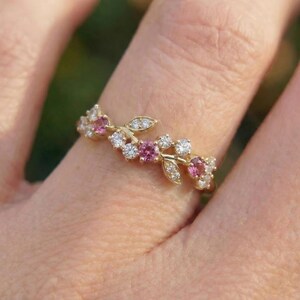 Round Pink Tourmaline Leaf Wedding Band, Nature Inspired Floral Cluster Ring for Her – October Birthstone Gift – 14K Gold Moissanite Jewelry image 14