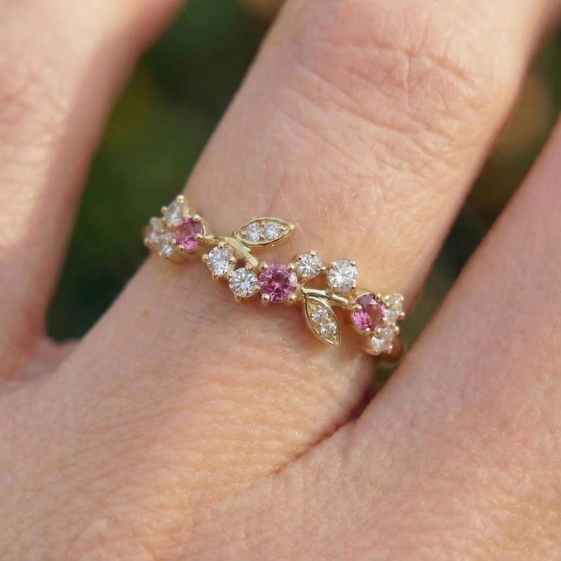 Round Pink Tourmaline Leaf Wedding Band, Nature Inspired Floral Cluster Ring for Her – October Birthstone Gift – 14K Gold Moissanite Jewelry image 14