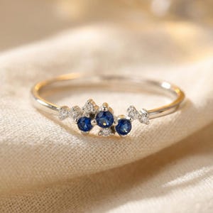Sapphire and Diamond Cluster Ring, Solid Gold Cluster Ring, Unique Stackable Ring, September Birthstone ring