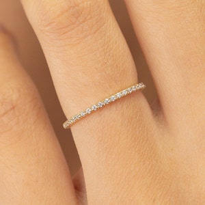 Micro Pave Eternity Diamond Wedding Ring, 1.3 MM Half Eternity Band, Dainty Stackable Band, Anniversary Gift image 1